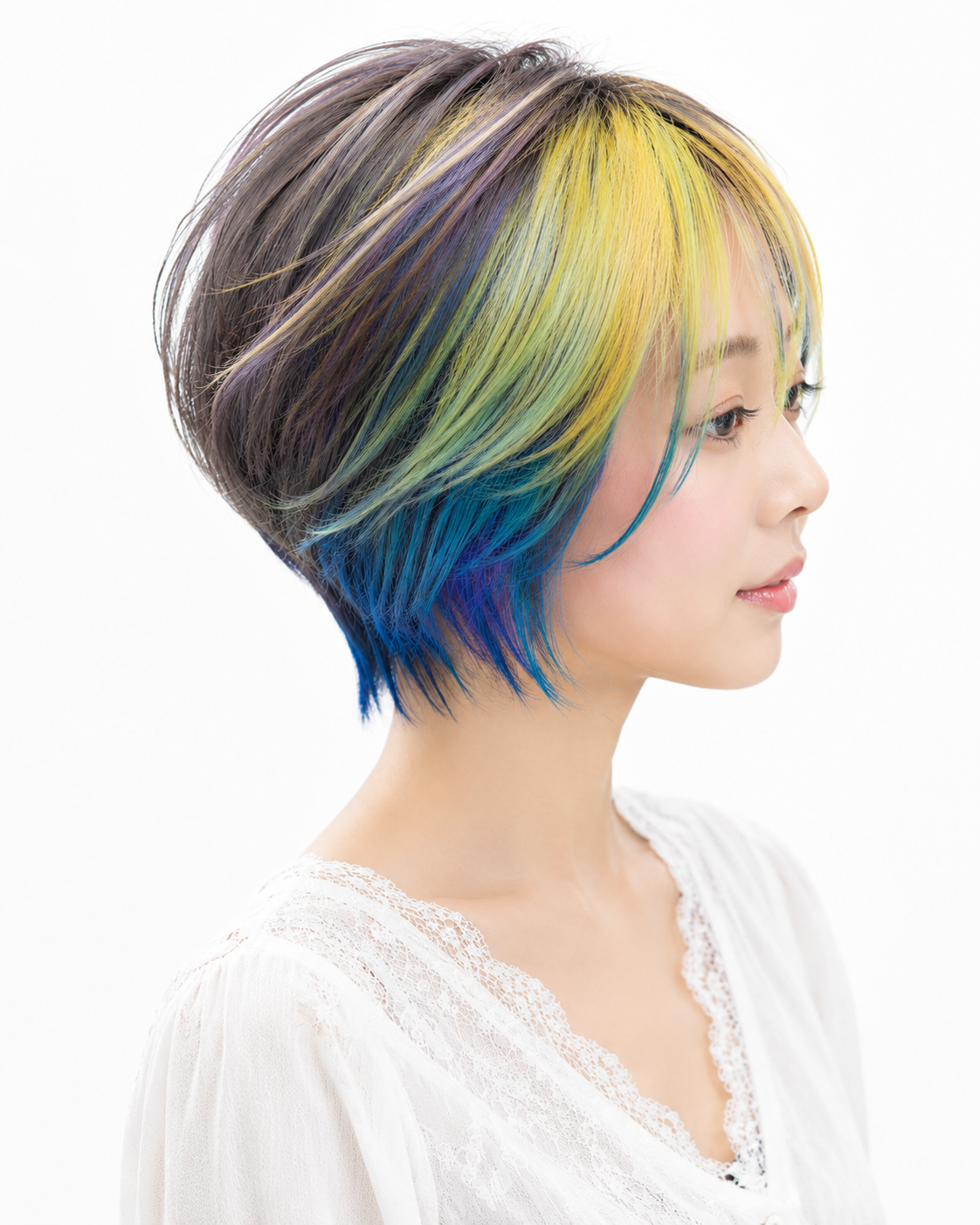 イエロー×ブルー マルチカラー ショートボブ デザインカラー DiMPlE 越谷