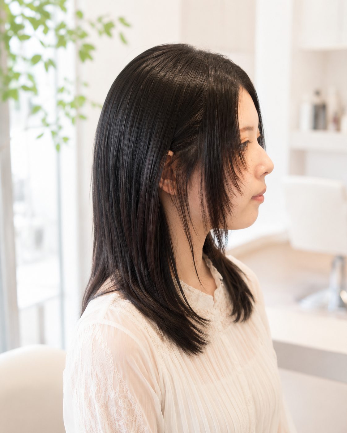 レイヤーカット 横顔 顔周りデザイン 黒髪 DiMPlE 越谷